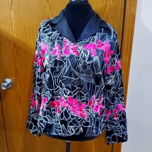 Chicos embroidered floral satin hot pink on black blazer